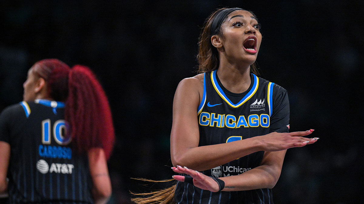 Chicago Sky forward Angel Reese (5) reacts during the second half against the New York Liberty at Barclays Center.