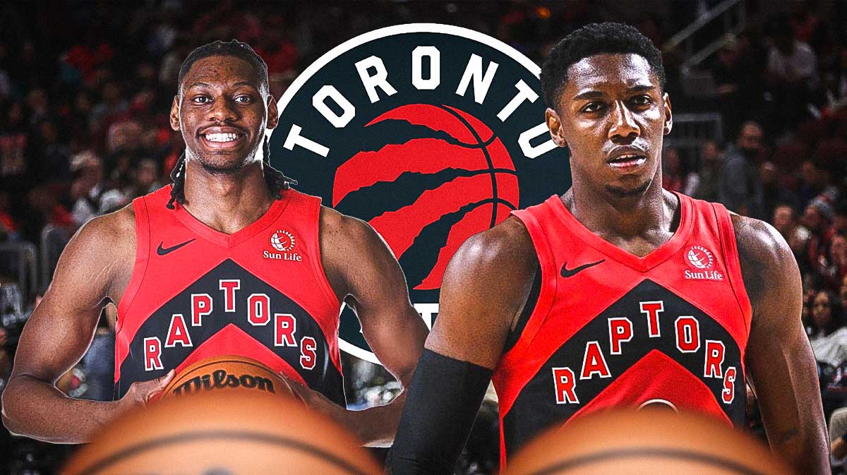 RJ Barrett, Jonathan Mogbo beside each other, Toronto Raptors logo in the background