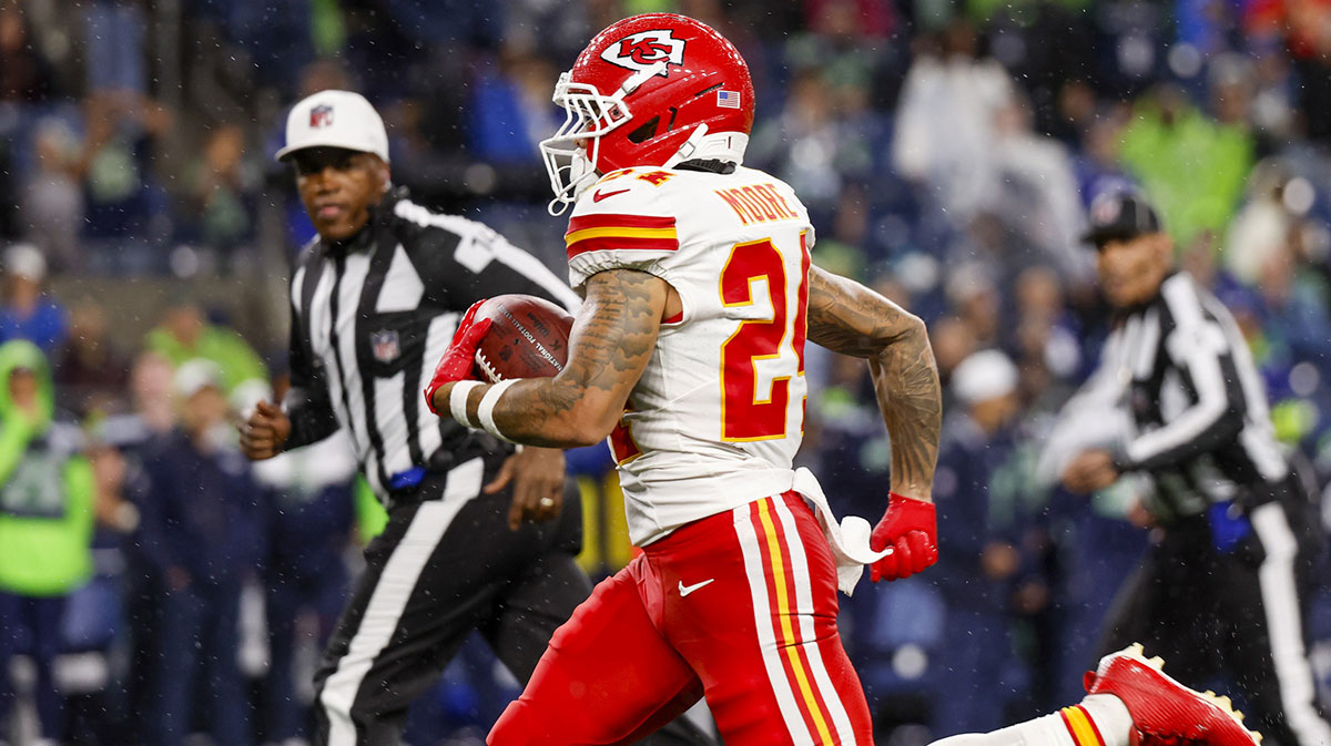 Kansas City Chiefs wide receiver Skyy Moore (24) returns a punt for a touchdown against the Seattle Seahawks during the fourth quarter at Lumen Field.