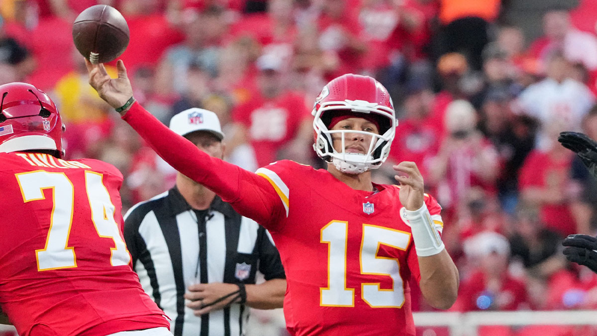 Kansas City Chiefs quarterback Patrick Mahomes (15) throws a pass against the Chicago Bears during the first half of the game at GEHA Field at Arrowhead Stadium.