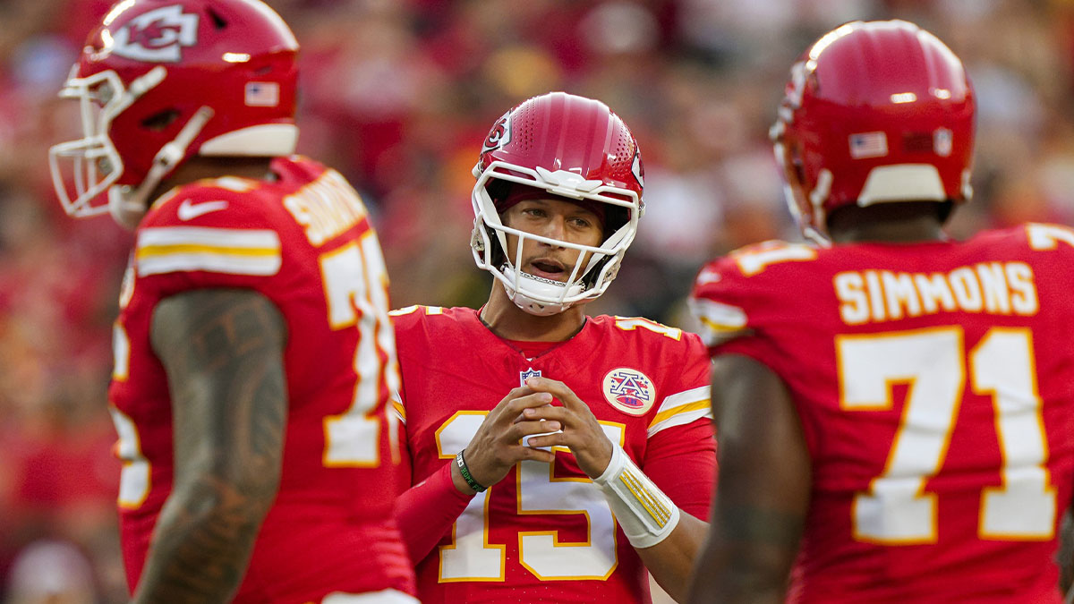Kansas City Chiefs quarterback Patrick Mahomes (15) calls for a huddle during the first half against the Chicago Bears at GEHA Field at Arrowhead Stadium.