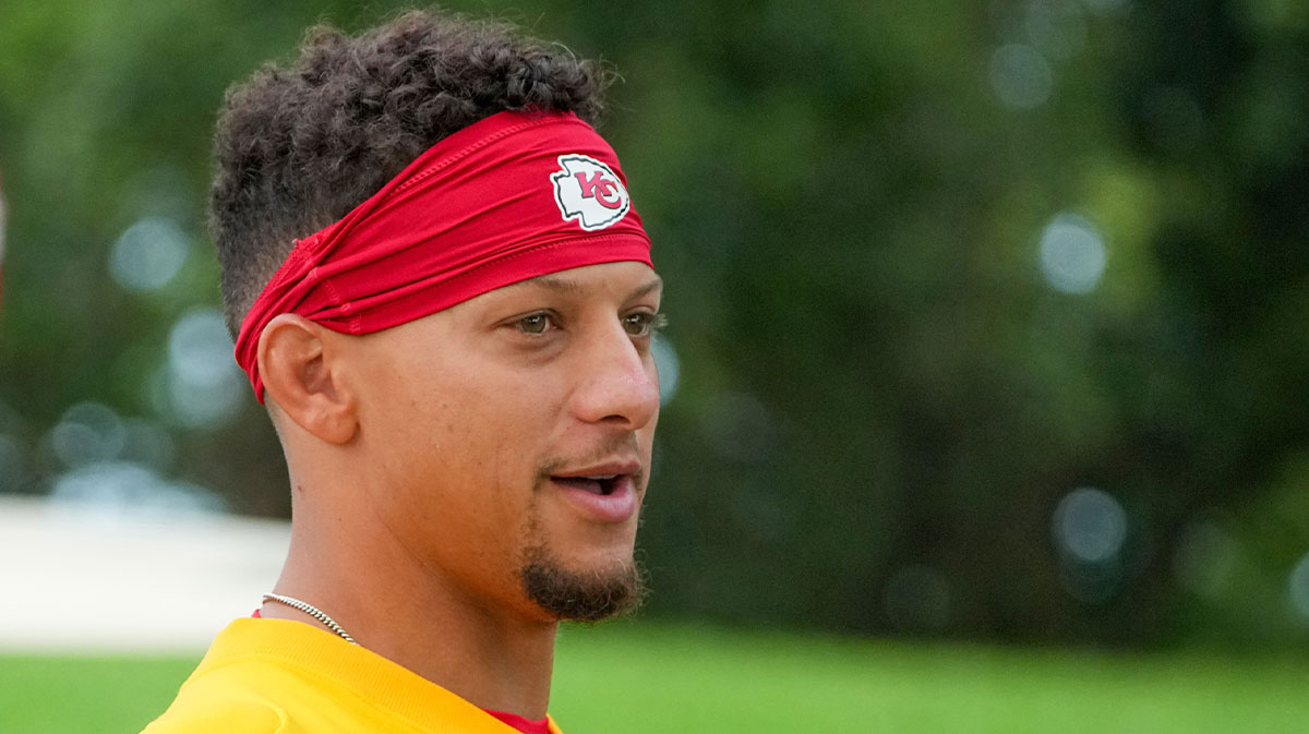 Kansas City Chiefs quarterback Patrick Mahomes (15) walks down the hill to the practice fields during training camp at Missouri Western State University.