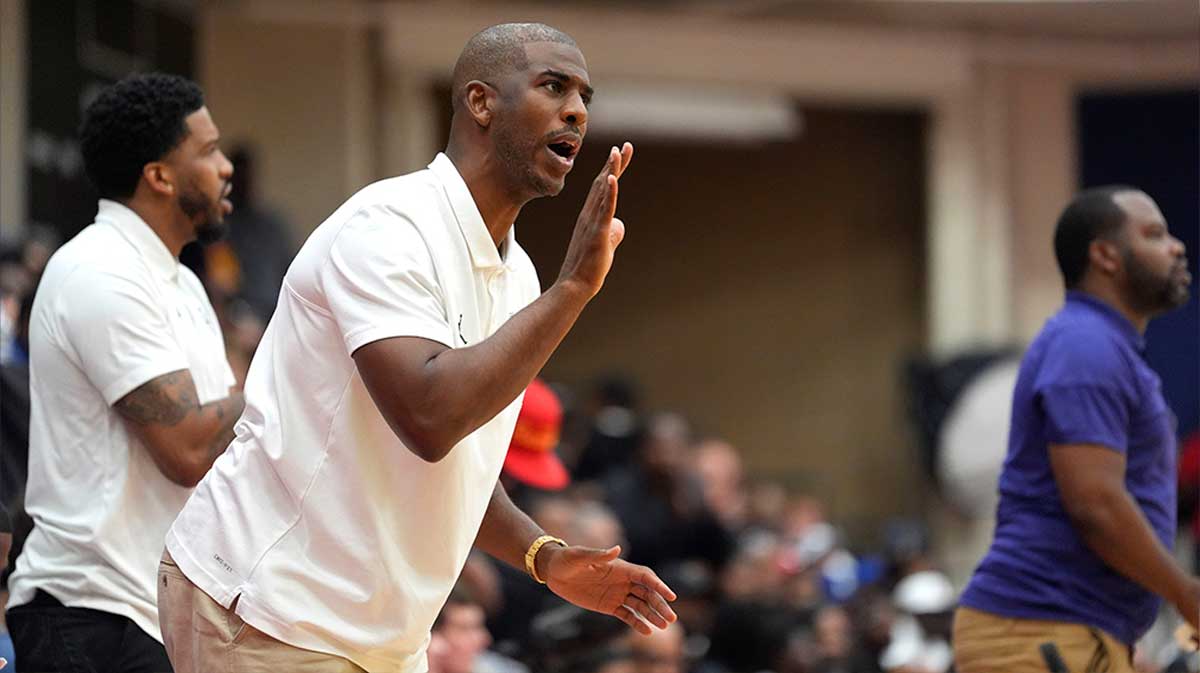NBA star Chris Paul helps coach Team CP3 during the Team Why Not and Team CP3 game at the Nike EYBL Peach Jam