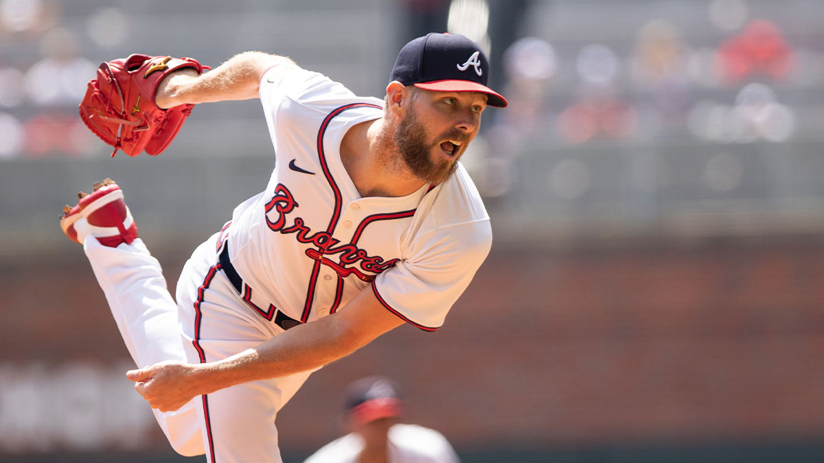 Sep 8, 2024; Cumberland, Georgia, USA; Atlanta Braves pitcher Chris Sale (51) pitches the ball against Toronto Blue Jays during first inning at Truist Park. 