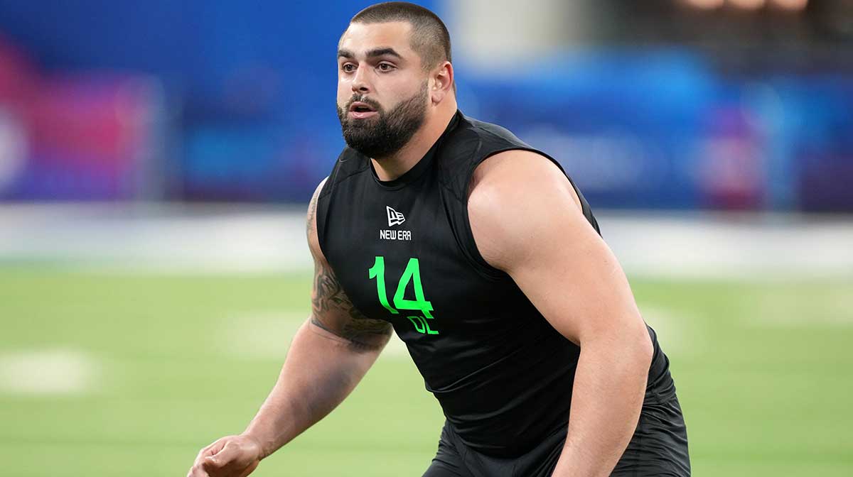 Georgia offensive lineman Dylan Fairchild (OL14) during the 2025 NFL Combine at Lucas Oil Stadium.