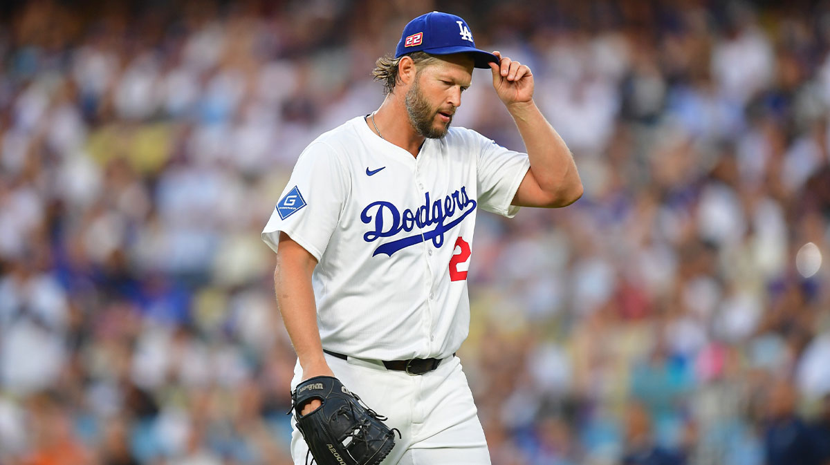 Los Angeles Dodgers pitcher Clayton Kershaw (22) reacts after the first inning against the San Diego Padres at Dodger Stadium.
