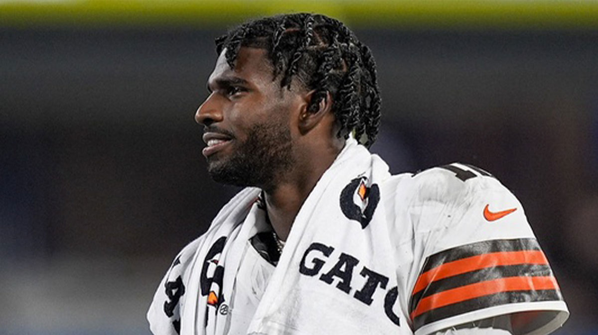 Cleveland Browns quarterback Shedeur Sanders (12) on the sideline during the second half against the Carolina Panthers at Bank of America Stadium.