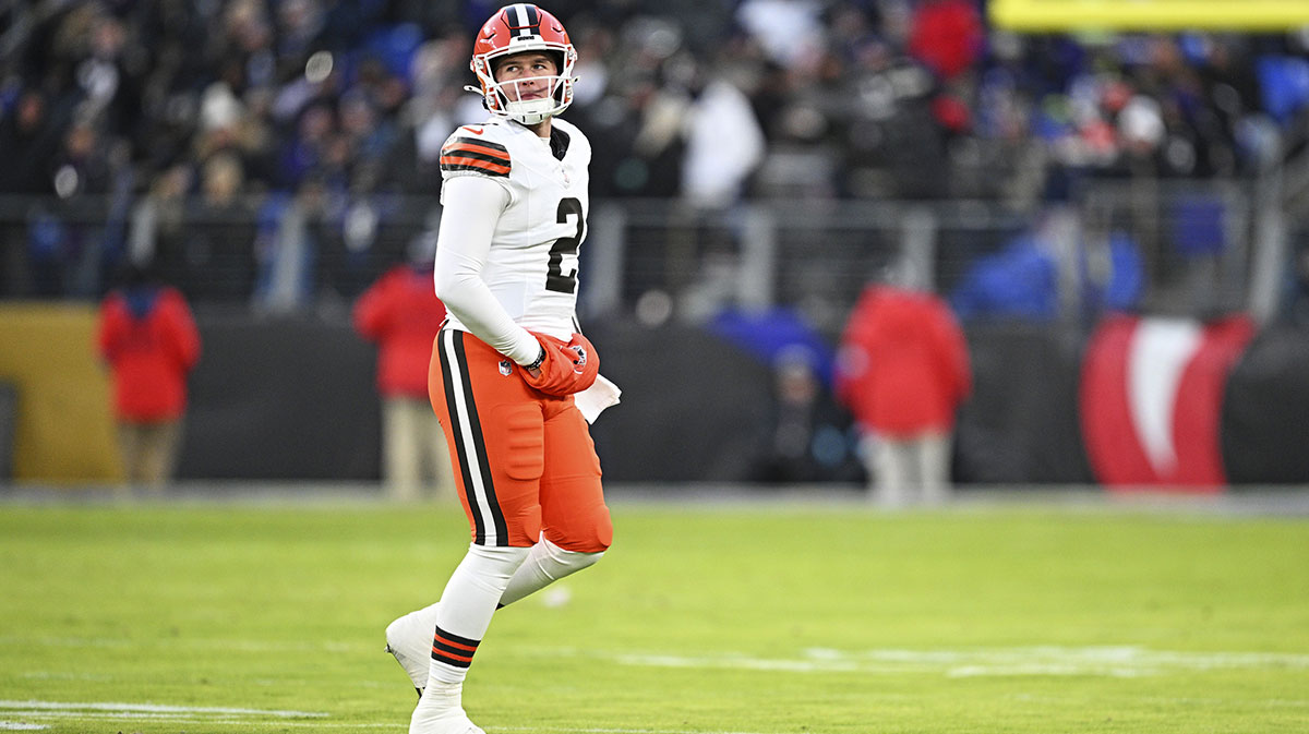 Cleveland Browns quarterback Bailey Zappe (2) looks on during the first quarter against the Baltimore Ravens at M&T Bank Stadium.