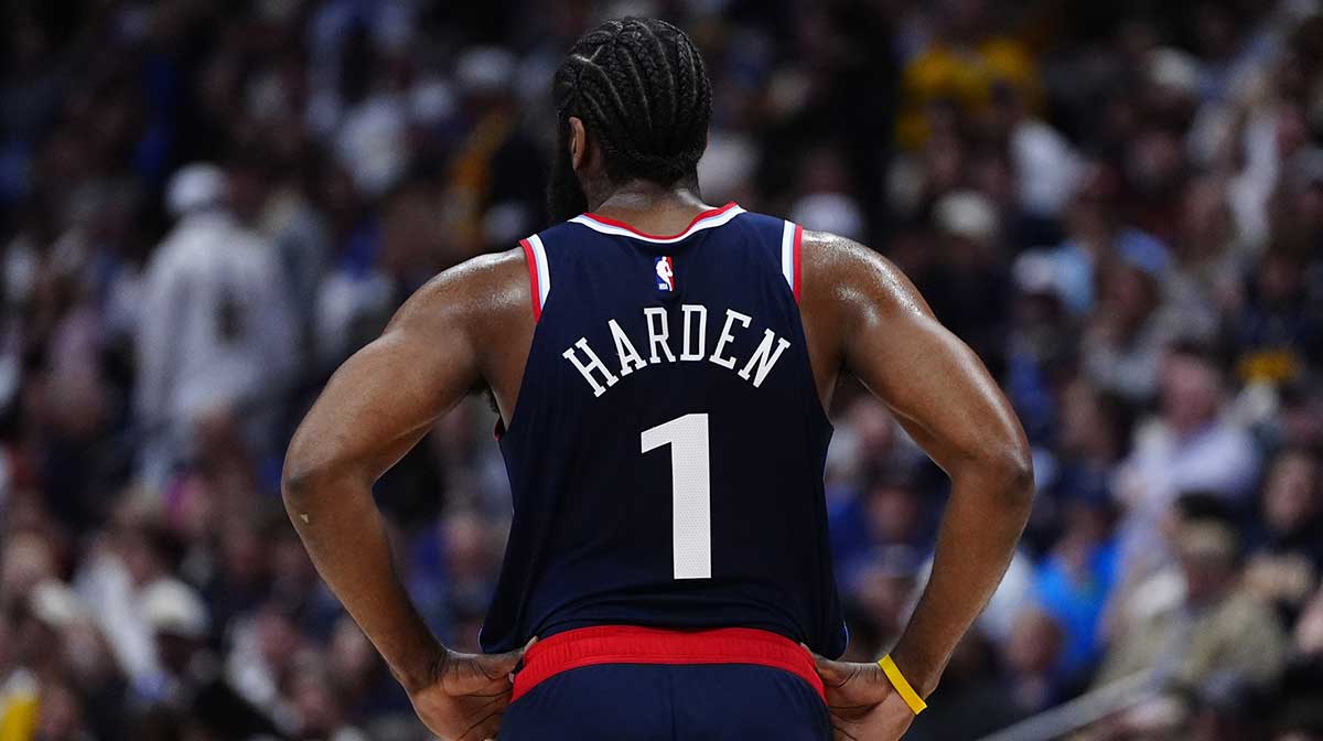 Clippers guard James Harden (1) during the fourth quarter against the Denver Nuggets during game five of the first round for the 2025 NBA Playoffs at Ball Arena