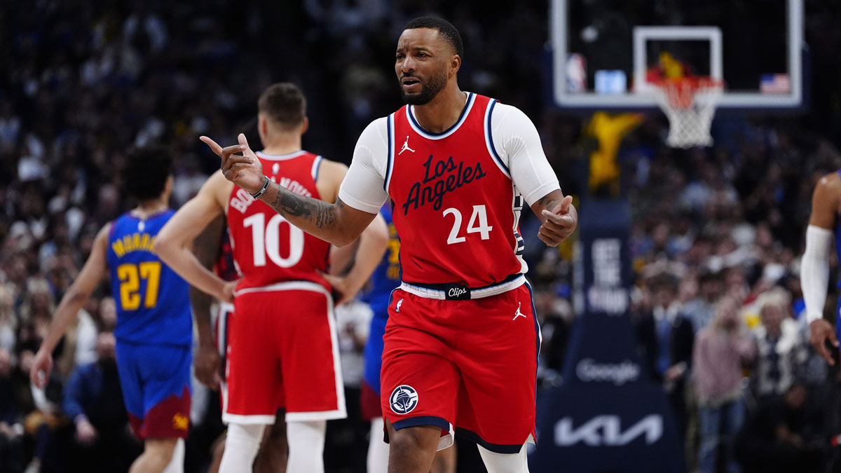 LA Clippers guard Norman Powell (24) reacts in overtime against the Denver Nuggets at Ball Arena.