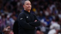 Clippers head coach Tyronn Lue during the third quarter against the Denver Nuggets during game seven of first round for the 2025 NBA Playoffs at Ball Arena with Michael Jordan in the background