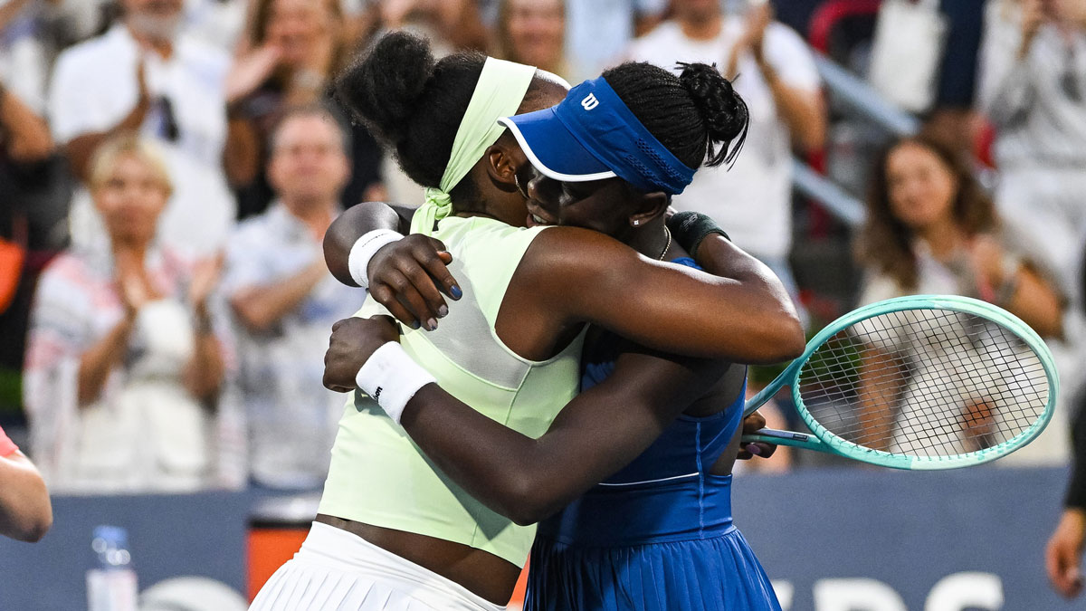 Coco Gauff (USA) congratulates Victoria Mboko (CAN) for her win in a fourth round match.