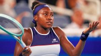 Coco Gauff reacts in the Cincinnati Open quarterfinal match between Coco Gauff and Jasmine Paolini at the Lindner Family Tennis Center