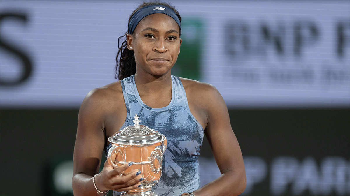 Jun 7, 2025; Paris, FR; Coco Gauff of the United States poses with the trophy after winning the womenís singles final