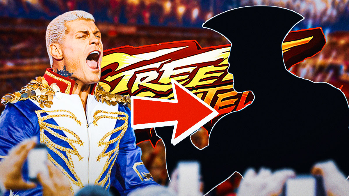 WWE Superstar Cody Rhodes with an arrow pointing at a silhouette of Guile, who he will play in the Street Fighter movie.