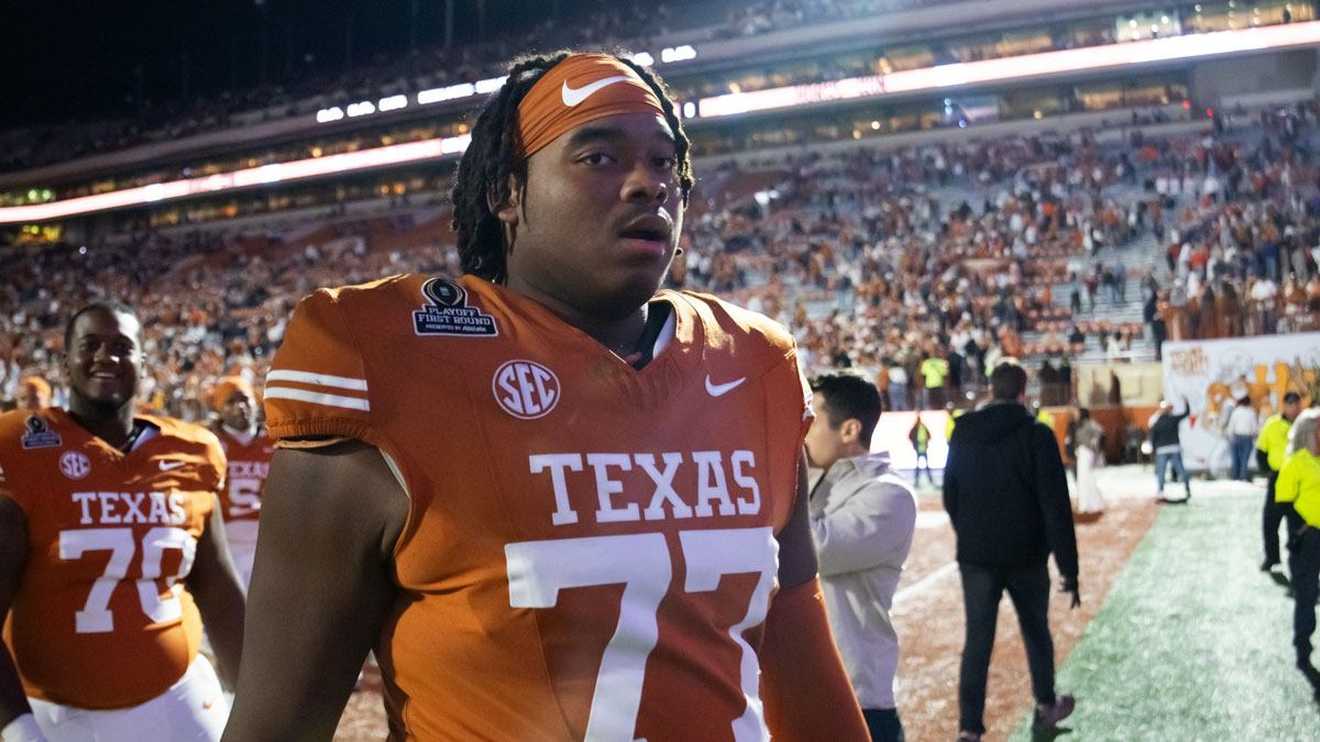 Texas Longhorns offensive lineman Andre Cojoe (77) against the Clemson Tigers during the CFP National playoff first round at Darrell K Royal-Texas Memorial Stadium.