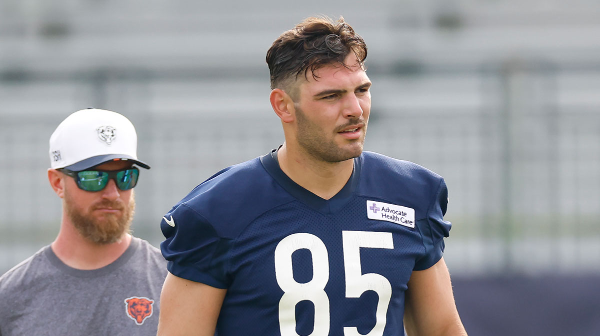 Chicago Bears tight end Cole Kmet (85) looks on during training camp at Halas Hall.