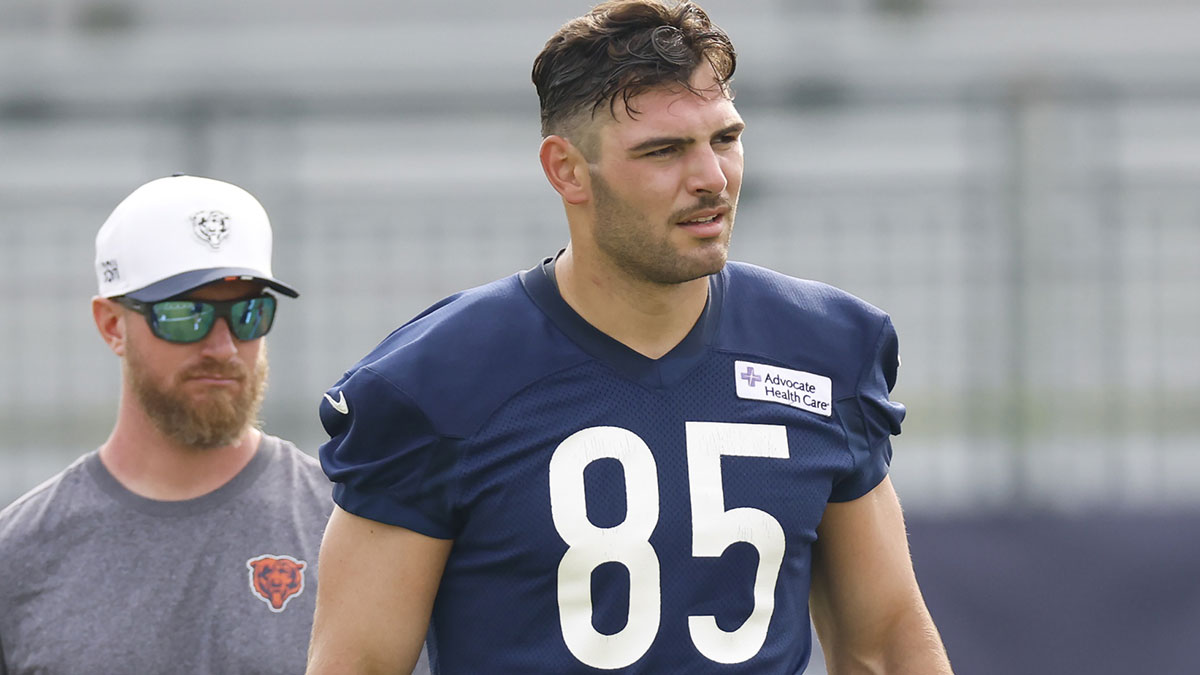 Chicago Bears tight end Cole Kmet (85) looks on during training camp at Halas Hall.