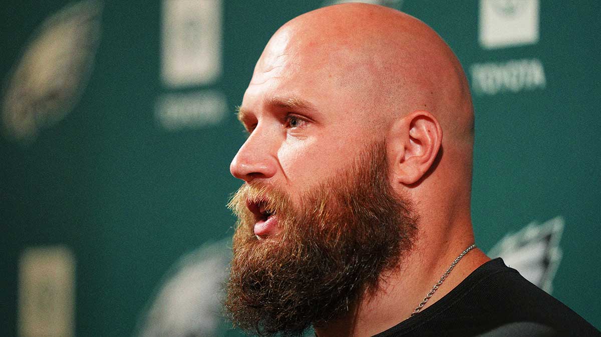 Philadelphia Eagles offensive lineman Lane Johnson (65) addresses media during a press conference at NovaCare Complex. Mandatory Credit: Kyle Ross-Imagn Images