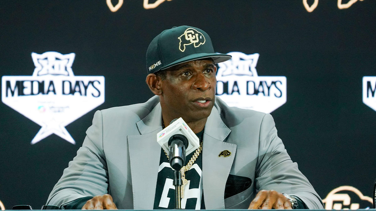 Colorado head coach Deion Sanders speaks with the media during 2025 Big 12 Football Media Days at The Star.