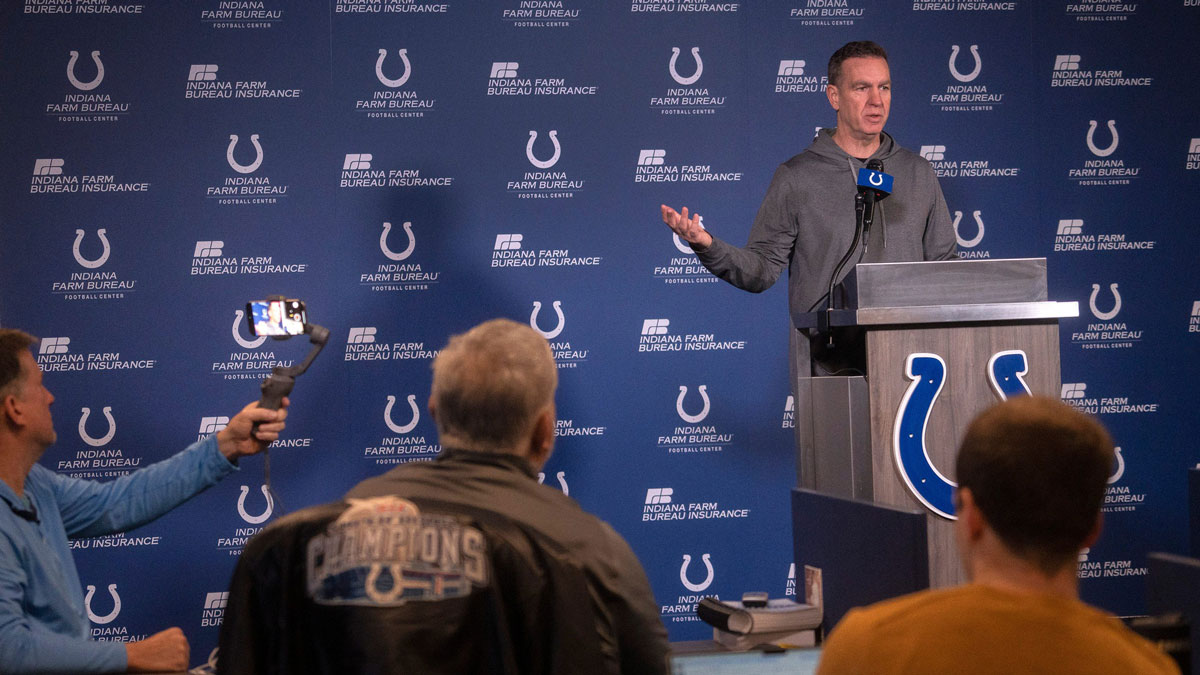 New Indianapolis Colts Defensive Coordinator Lou Anarumo speaks during a press conference Thursday, Jan. 23, 2025 at the Colts practice facility, the Indiana Farm Bureau Football Center.