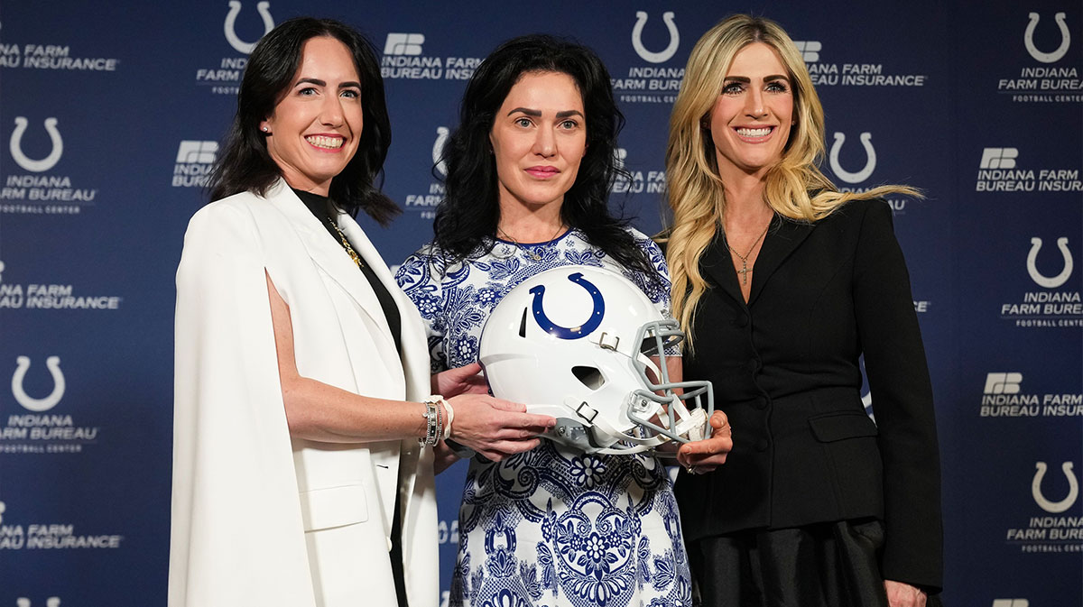 Kalen Jackson(left), Carlie Irsay-Gordon and Casey Foyt smile for a photo Tuesday, June 10, 2025, during a press conference at the Indiana Farm Bureau Football Center in Indianapolis.