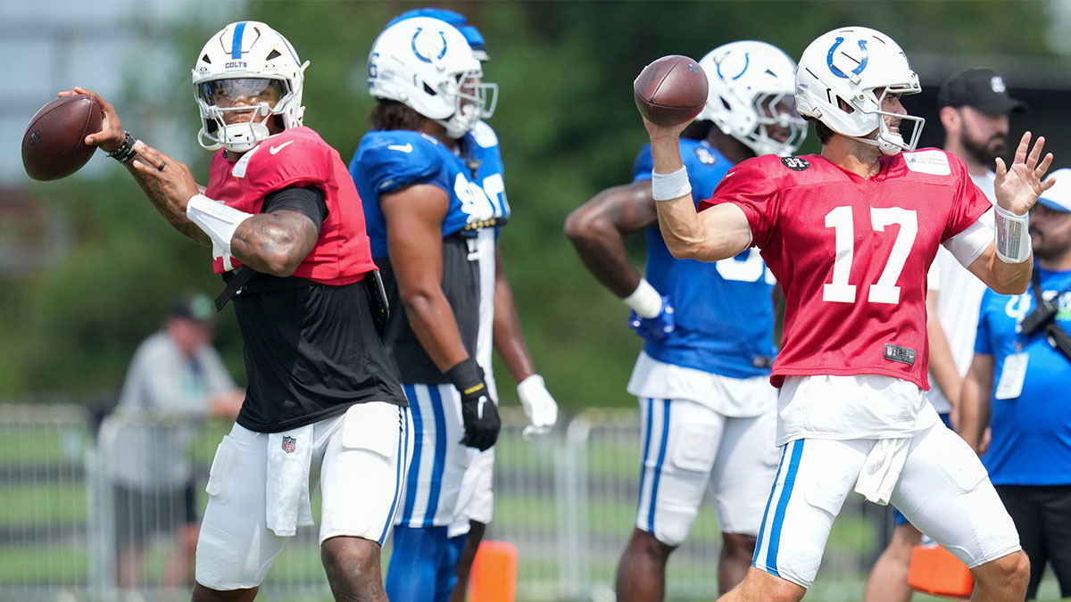 Colts quarterback Anthony Richardson Sr. (5) and quarterback Daniel Jones (17) throw the ball Thursday, Aug. 14, 2025, at a joint practice with the Green Bay Packers during training camp at Grand Park in Westfield.