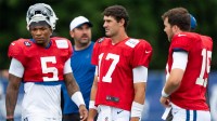 Indianapolis Colts quarterbacks Anthony Richardson Sr. (5), Daniel Jones (17) and Riley Leonard (15) prepare for drills Monday, July 28, 2025, during training camp held at Grand Park in Westfield.