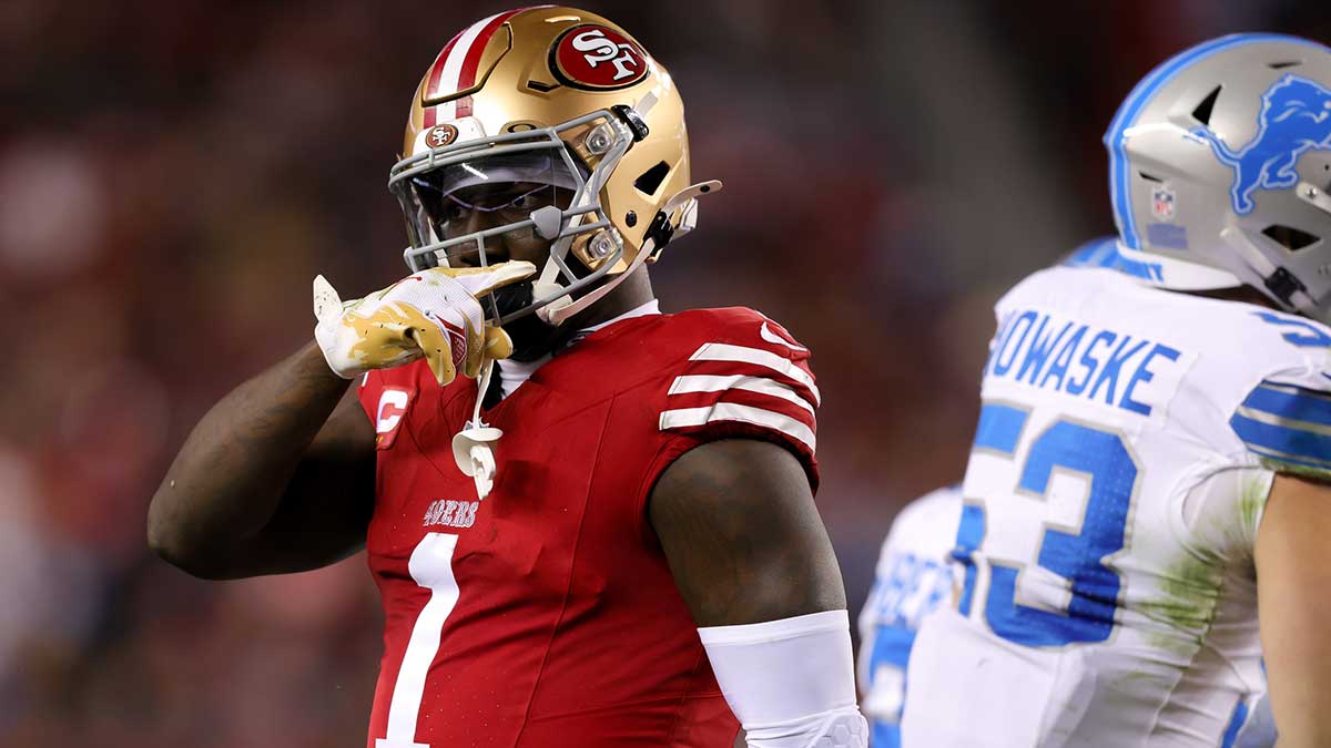 San Francisco 49ers wide receiver Deebo Samuel Sr. (1) celebrates after a play during the first quarter against the Detroit Lions at Levi's Stadium.