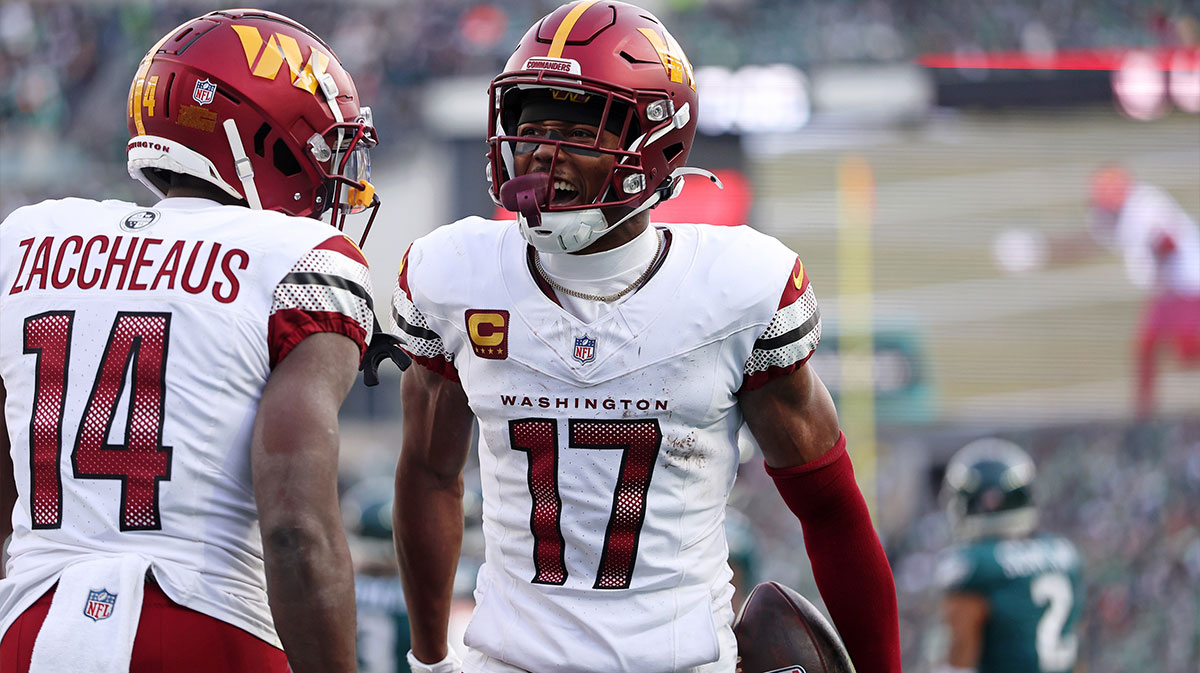 Washington Commanders wide receiver Terry McLaurin (17) reacts after a play with wide receiver Olamide Zaccheaus (14) against the Philadelphia Eagles during the first half in the NFC Championship game at Lincoln Financial Field.