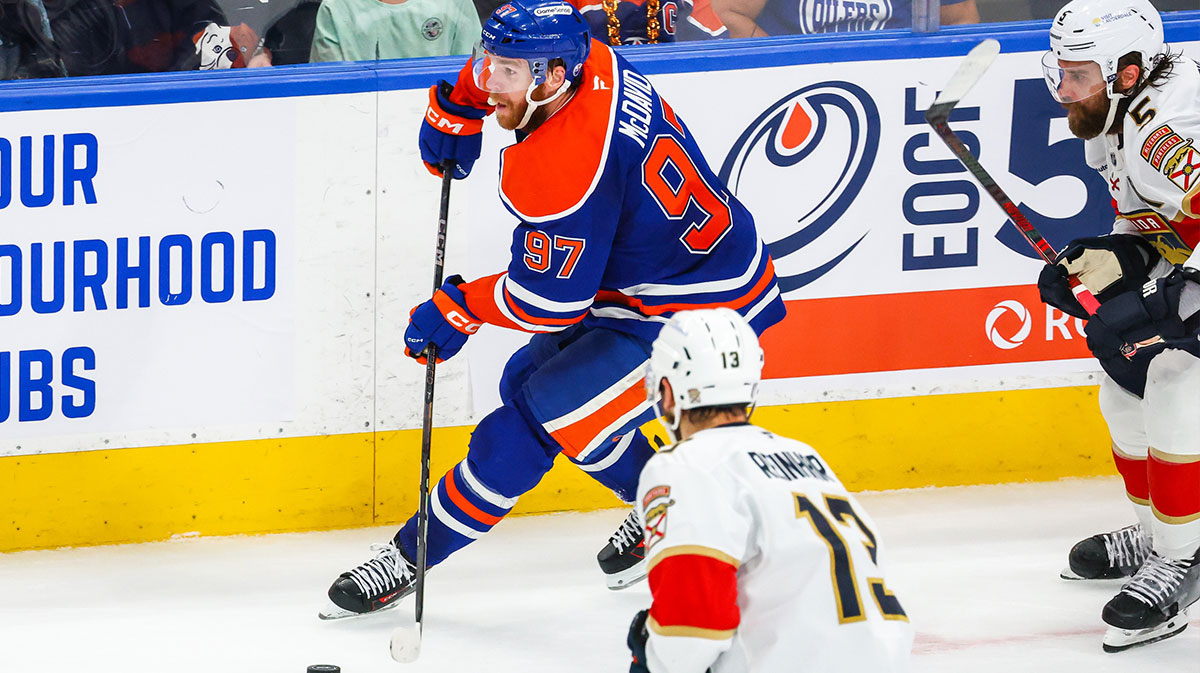 Edmonton Oilers center Connor McDavid (97) skates with the puck against the Florida Panthers during the second period in game five of the 2025 Stanley Cup Final