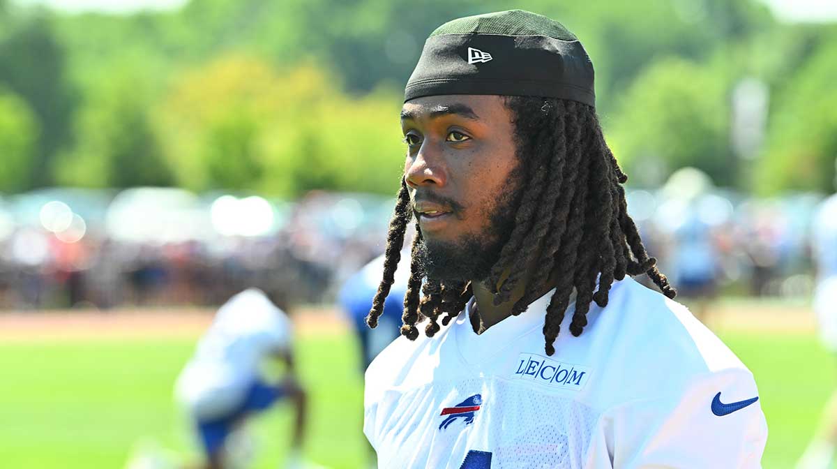 Buffalo Bills running back James Cook (4) on the field during training camp at St. John Fisher University.