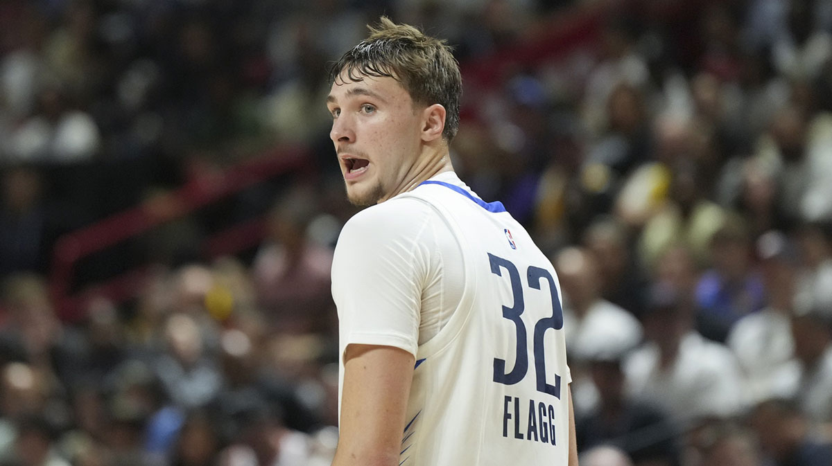 Dallas Mavericks forward Cooper Flagg (32) looks on against the Los Angeles Lakers in the second quarter of their game at Thomas & Mack Center.