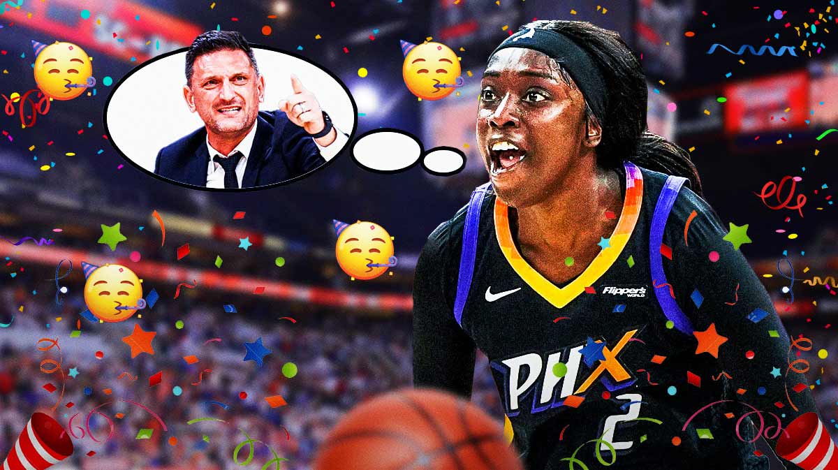 Kahleah Copper smiling in a Phoenix Mercury jersey, with a thought bubble of Nate Tibbetts wearing a suit and coaching. There's a background of the inside of the Mercury's home arena.