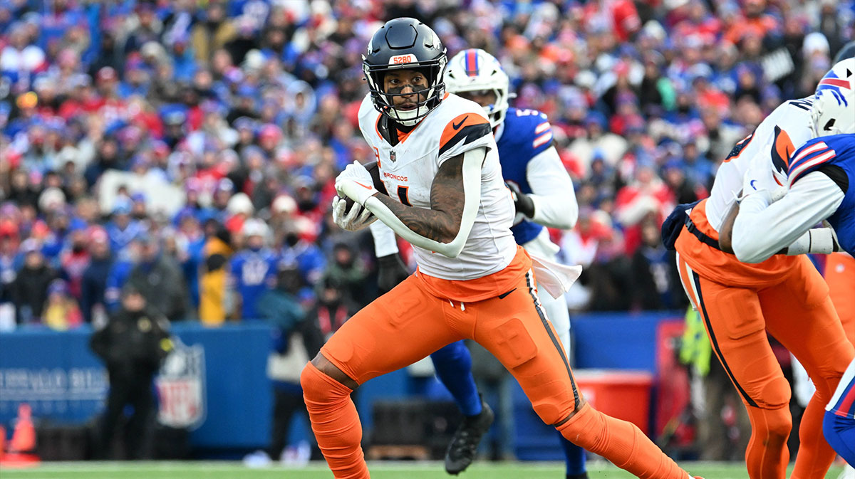 Denver Broncos wide receiver Courtland Sutton (14) runs after making a catch in the fourth quarter of an AFC wild card game against the Buffalo Bills at Highmark Stadium.