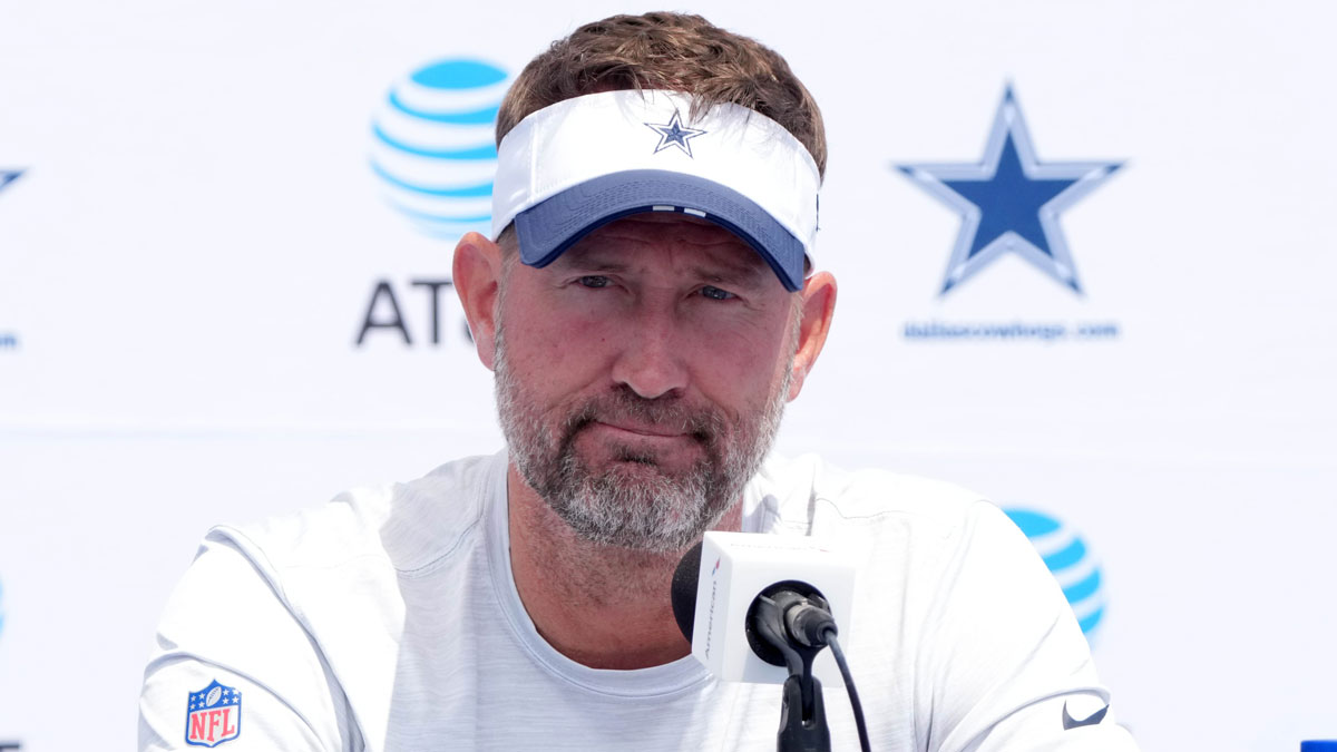 Dallas Cowboys coach Brian Schottenheimer at training camp press conference at the River Ridge Fields.