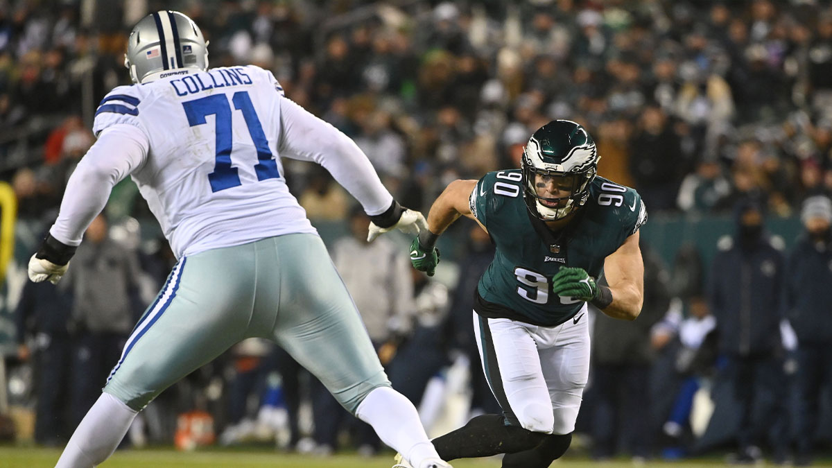 Philadelphia Eagles defensive end Ryan Kerrigan (90) rushes the quarterback as Dallas Cowboys offensive tackle La'el Collins (71) blocks the third quarter at Lincoln Financial Field.
