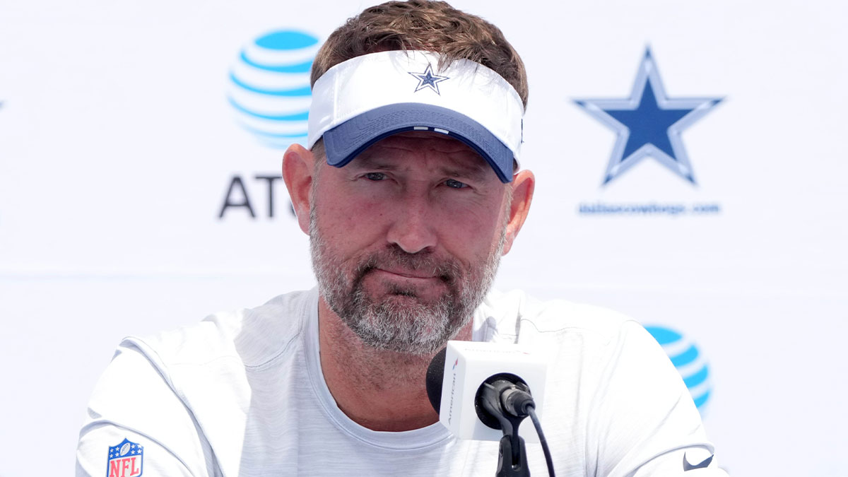Cowboys coach Brian Schottenheimer at training camp press conference at the River Ridge Fields