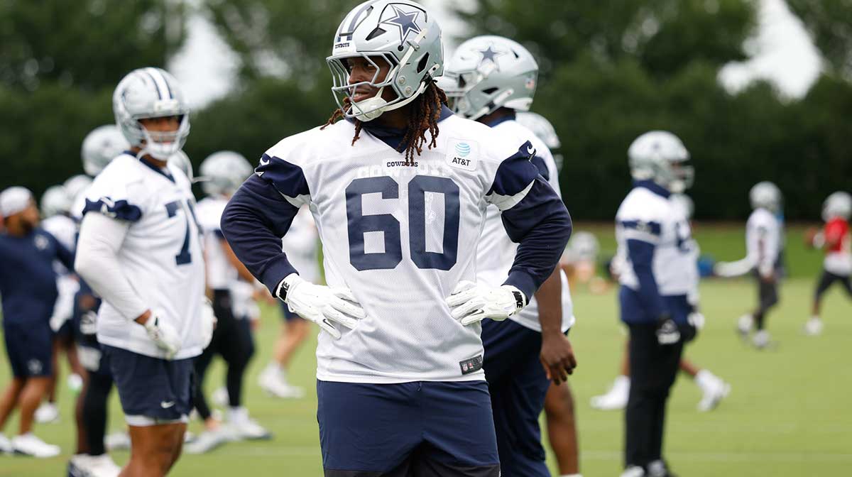 Dallas Cowboys offensive tackle Tyler Guyton (60) goes through a drill during practice at the Ford Center at the Star Training Facility in Frisco, Texas.
