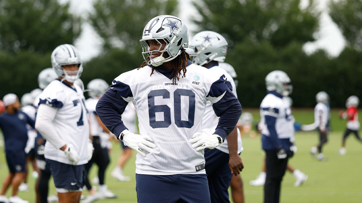 Dallas Cowboys offensive tackle Tyler Guyton (60) goes through a drill during practice at the Ford Center at the Star Training Facility in Frisco, Texas.