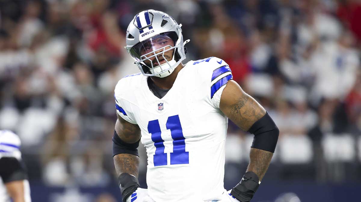 Dallas Cowboys linebacker Micah Parsons (11) reacts during the first quarter against the Houston Texans at AT&T Stadium.