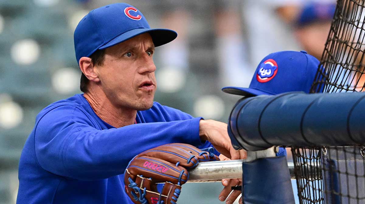 Chicago Cubs manager Craig Counsell looks on during batting practice before game against the Milwaukee Brewers at American Family Field.