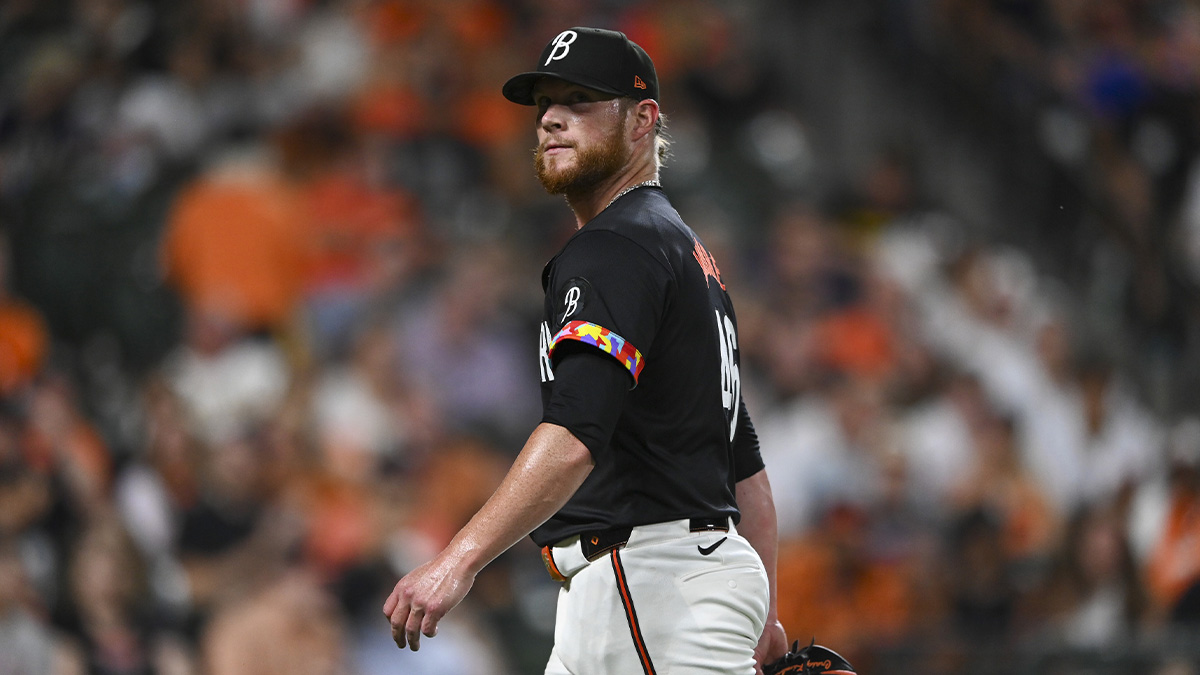 Baltimore Orioles pitcher Craig Kimbrel (46) walks off their field after giving up a two run ninth inning home run against the San Diego Padres at Oriole Park at Camden Yards.