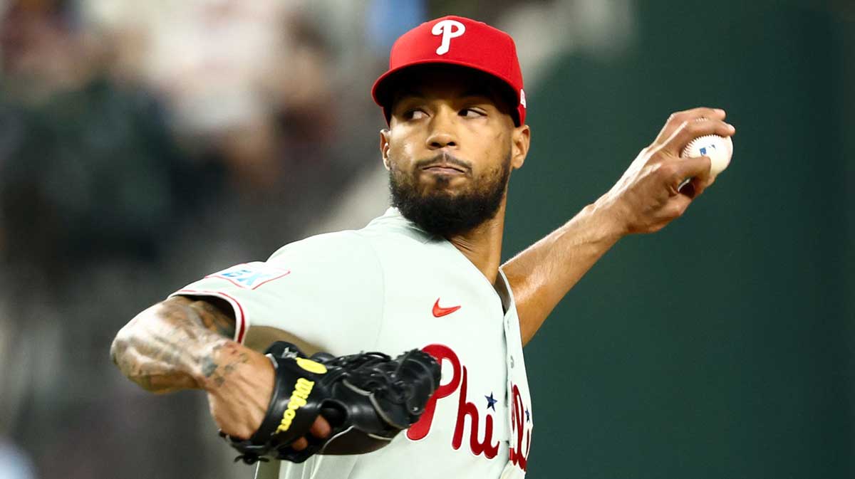 Philadelphia Phillies starting pitcher Cristopher Sanchez (61) throws during the fifth inning against the Texas Rangers at Globe Life Field.