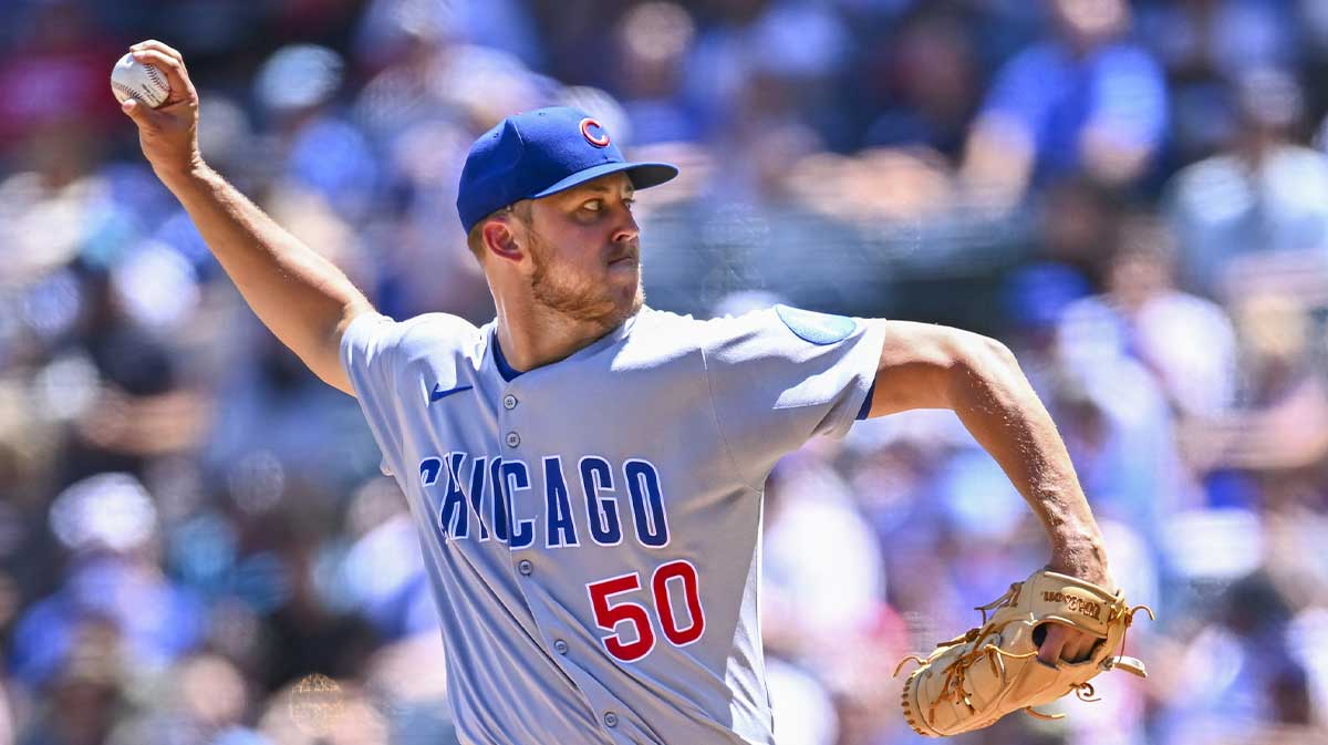 Chicago Cubs starting pitcher Jameson Taillon (50) throws a pitch against the Los Angeles Angels during the first inning at Angel Stadium.