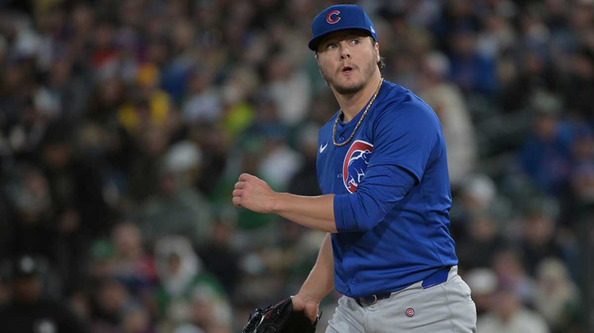 Chicago Cubs pitcher Justin Steele (35) looks on after throwing a pitch against the Athletics during the second inning at Sutter Health Park.