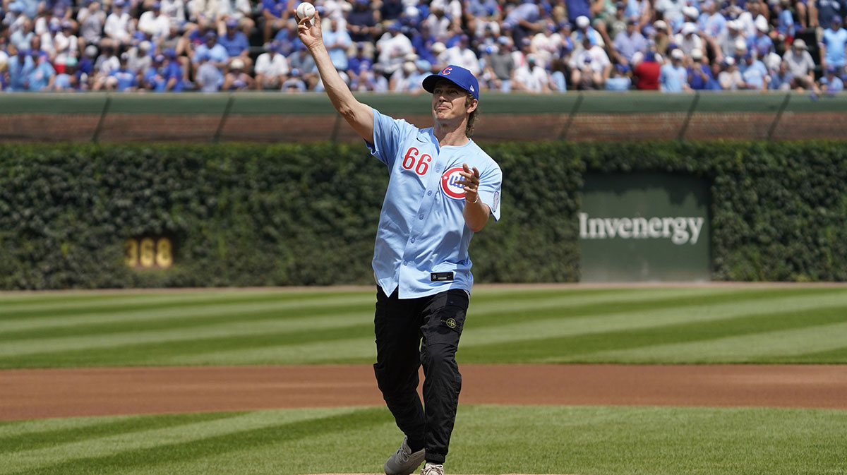 Star Wars actor Hayden Christensen throws out a ceremonial first pitch before the game between the Chicago Cubs and the Pittsburgh Pirates at Wrigley Field.