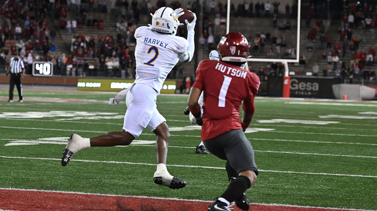San Jose State Spartans defensive back DJ Harvey (2) intercepts the ball in front of Washington State Cougars wide receiver Kris Hutson (1) in OT at Gesa Field at Martin Stadium. Washington State Cougars won 54-52 in double overtime.