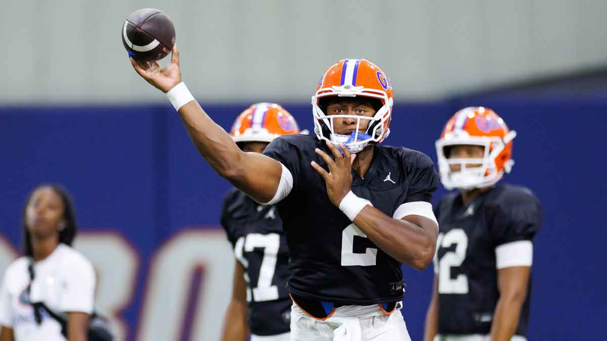 Florida Gators quarterback DJ Lagway (2) throws the ball during fall football practice at Sanders Indoor Practice Facility at the University of Florida in Gainesville, FL on Thursday, August 14, 2025.