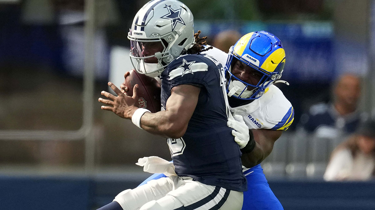 Dallas Cowboys quarterback Joe Milton III (10) is sacked by Los Angeles Rams linebacker Josaiah Stewart (41) in the first half at SoFi Stadium.